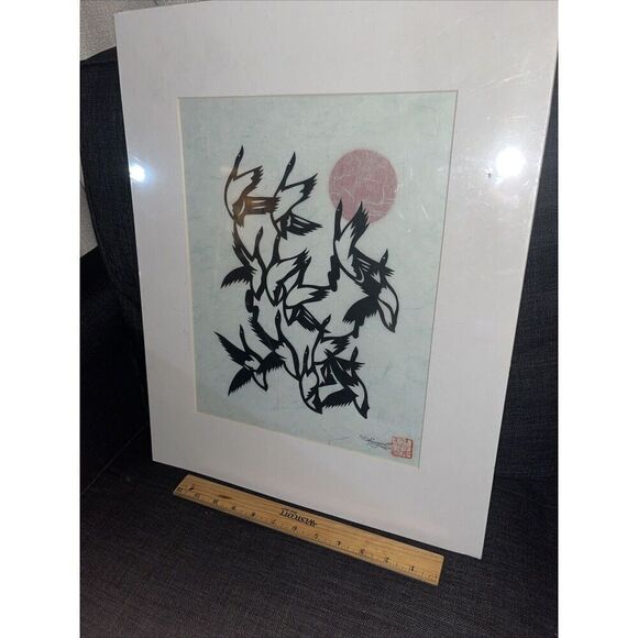 Signed & Matted Japanese Paper Cut Birds - Asian Influence - Red Dot Japan Flag - Picture 1 of 4